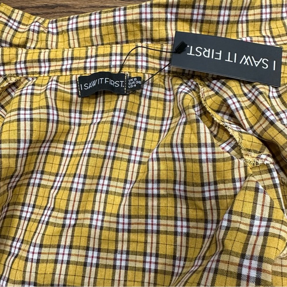 S/4  button down collar ruched check shirt in mustard chekered plaid yellow - Picture 6 of 8